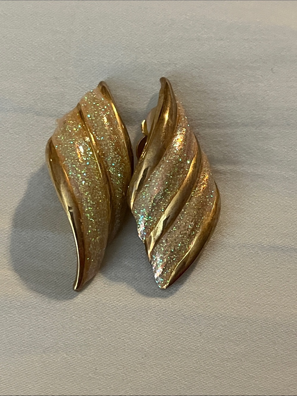 1980’s Gold-tone GlitterWave or  Leaf Clip-on Earrings
